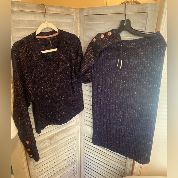 RAG & BONEknit sweater set Navy+Rose Gold colored buttons and metallic thread